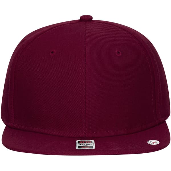 A snapback cap in burgundy with a grey undervisor and a branded logo on the side.