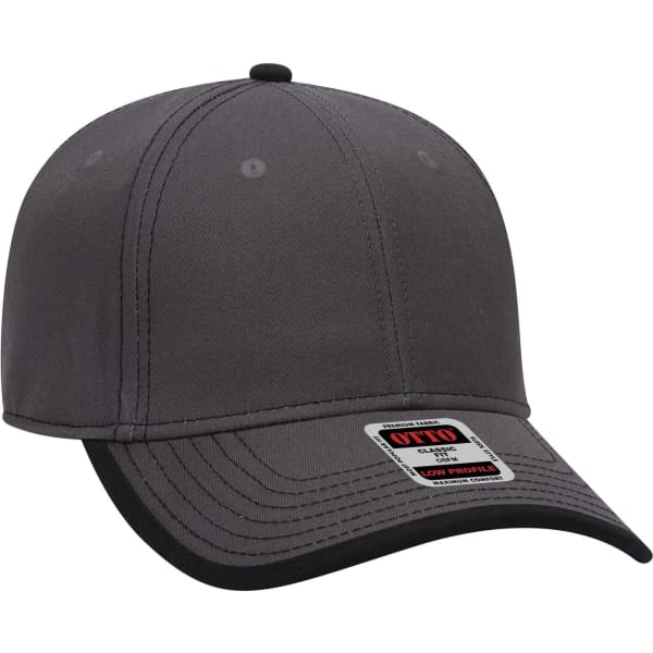 A grey 6 panel low profile baseball cap with a black rim and a logo on the side.