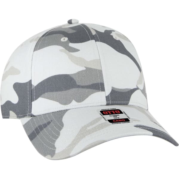 A camo-patterned baseball cap in shades of grey with a low profile design and a branded label.