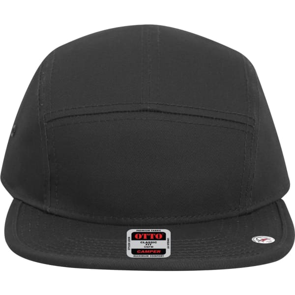 A black 5 panel camper hat featuring a flat brim and a logo on the side.