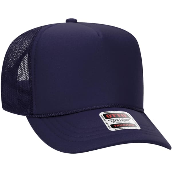 A navy 5 Panel High Crown Trucker Cap with a mesh back and a branded label on the front.