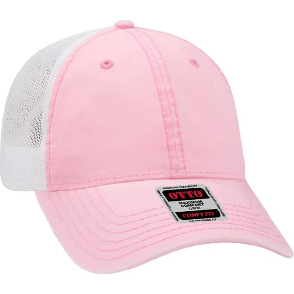A pink low profile trucker cap with a white mesh back and a branded tag.