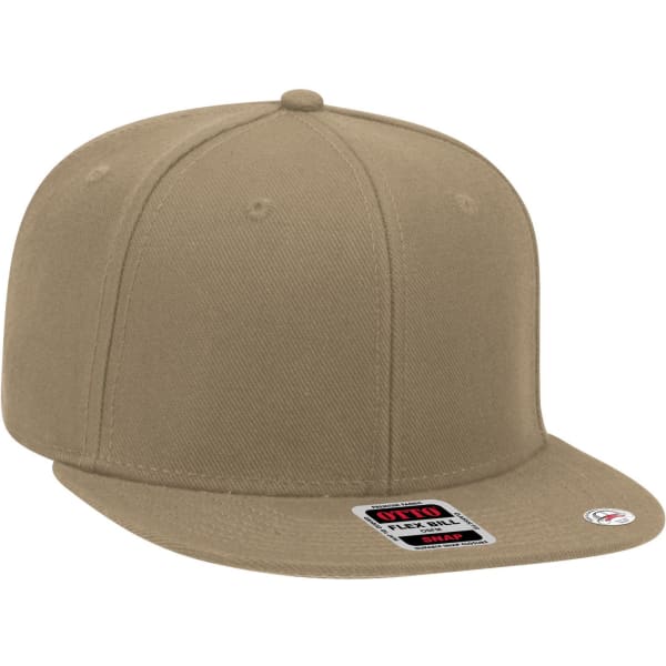 A tan 6 panel mid-profile snapback cap with a flat brim and a logo on the side.