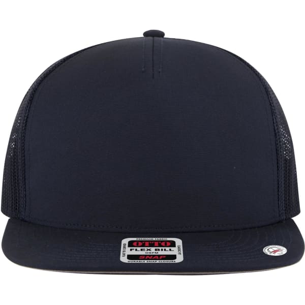 A navy 5 Panel Pro Style Trucker Cap with a flexible bill and mesh sides, featuring a logo.