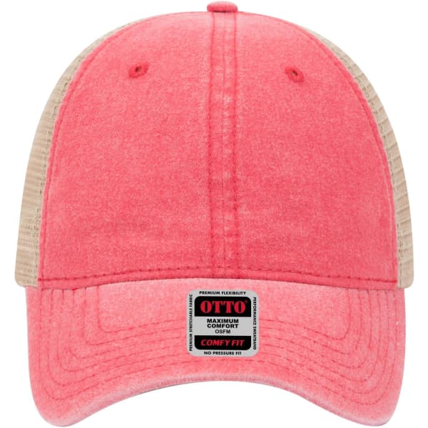 A pink and beige six-panel low profile trucker cap featuring a logo on the front.