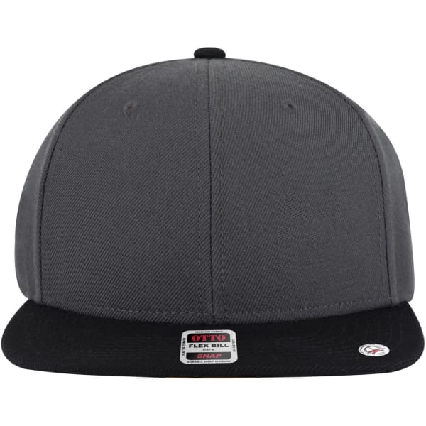 A grey and black snapback cap features a flat bill and a logo on the front. It has a mid-profile design.
