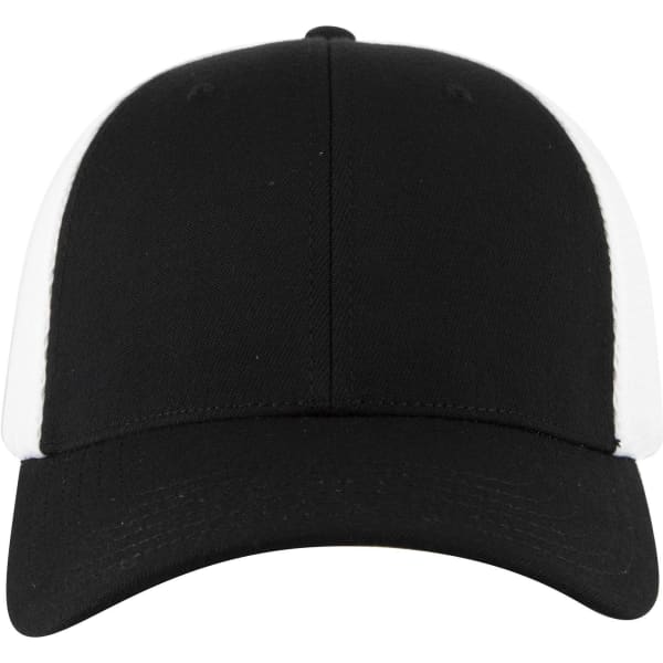 A black and white Flex Fit 6 Panel Low Profile Trucker Cap with a branded logo on the front.