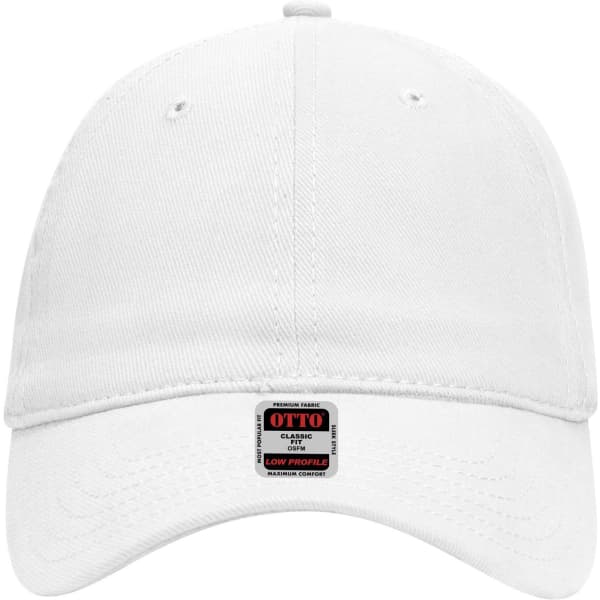 A white 6-panel low profile baseball dad cap with a logo label on the front.