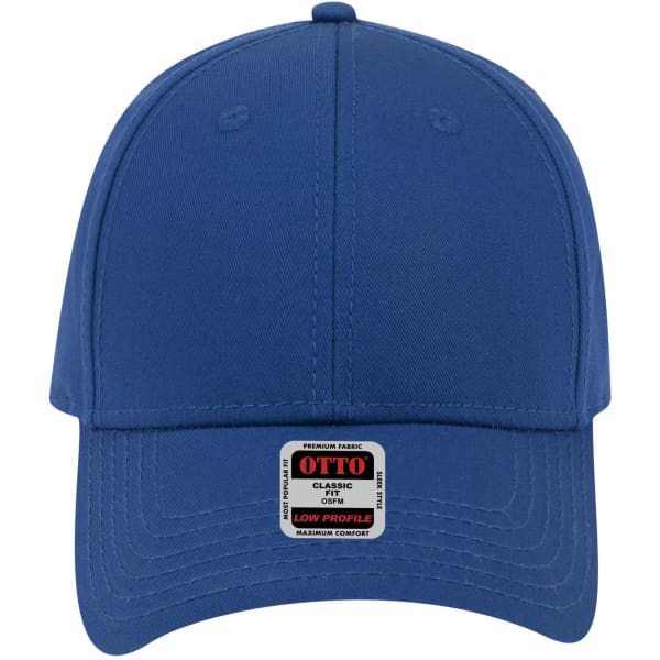 A blue six-panel low profile baseball cap featuring a logo on the front.