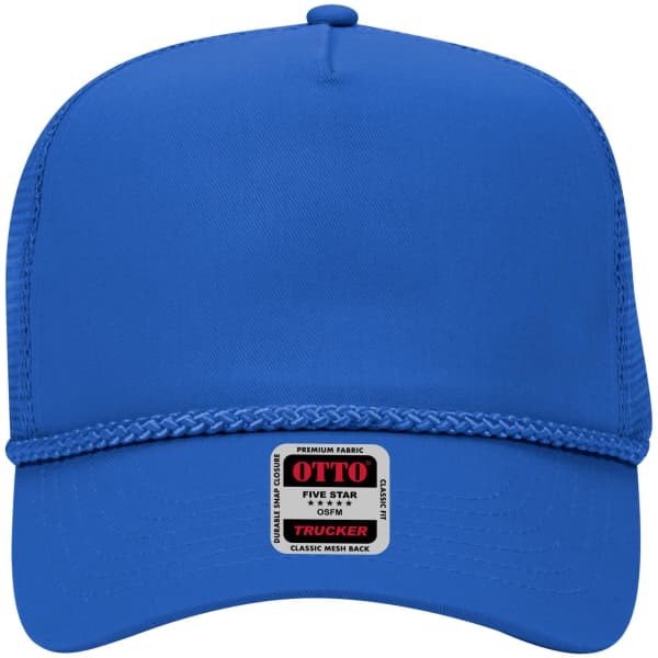 A blue 5-panel mid-profile trucker cap featuring a logo and a braided front band.