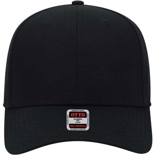 A black 6 panel mid profile baseball cap with a logo label at the front.