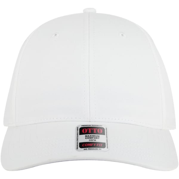 A white six-panel low profile baseball cap with a logo and a comfortable fit design.