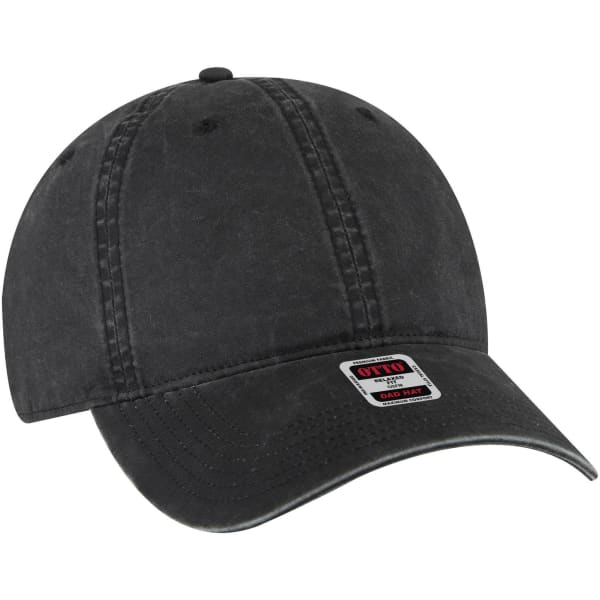A black 6-panel low-profile dad cap with a curved brim and an adjustable strap at the back, featuring a logo.