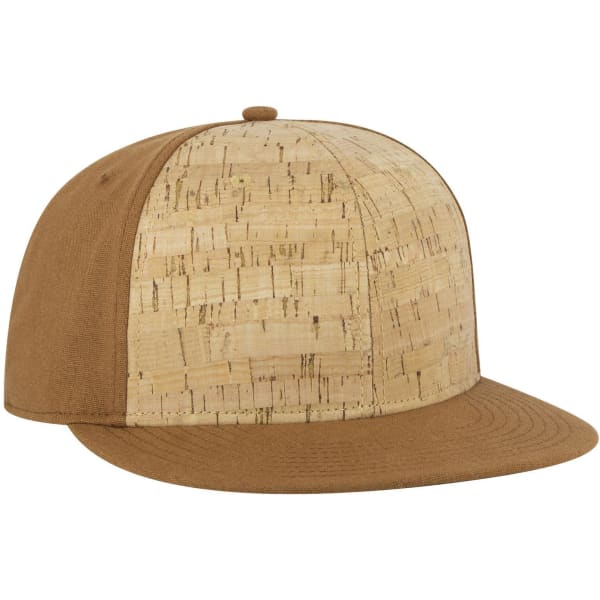A brown snapback cap featuring a textured cork panel on the front and a solid brown brim. It has a logo.