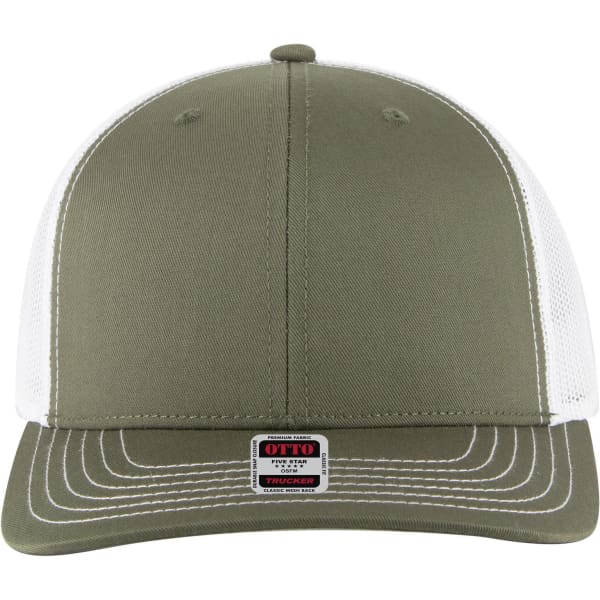 A green and white 6 panel mid profile trucker cap featuring a mesh back and a logo tag on the front.