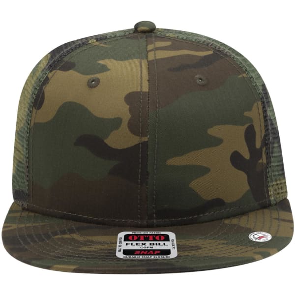 A camouflage patterned 6 panel mid profile trucker cap with a flat brim and a logo on the front.