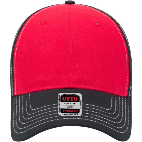 A red and black 6 panel low profile trucker cap with a mesh back and a logo.