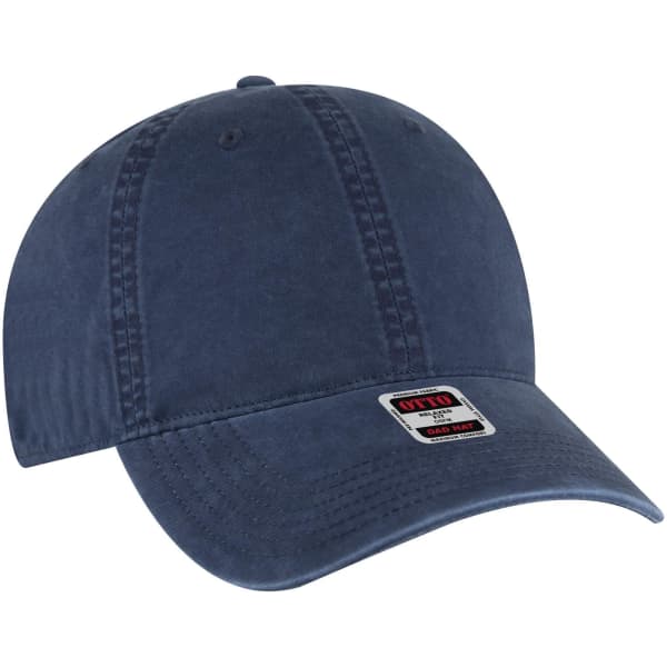 A navy blue 6 panel low profile dad cap featuring a curved brim and a logo on the front.
