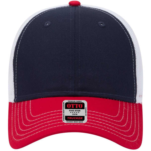 A 6 panel low profile trucker cap in navy and red with a mesh back and a logo tag.