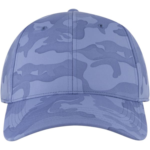 A low profile baseball cap in shades of blue with a camouflage pattern and a logo.
