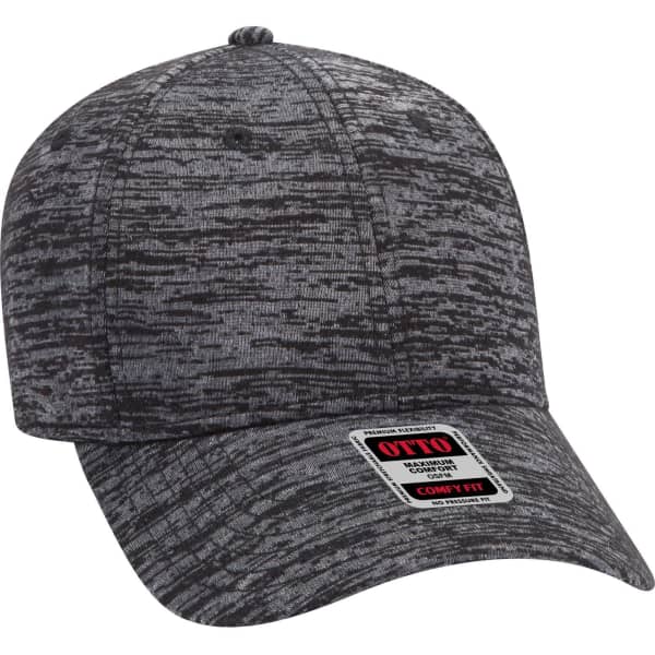 A grey, textured six-panel low-profile baseball cap with a branded tag.