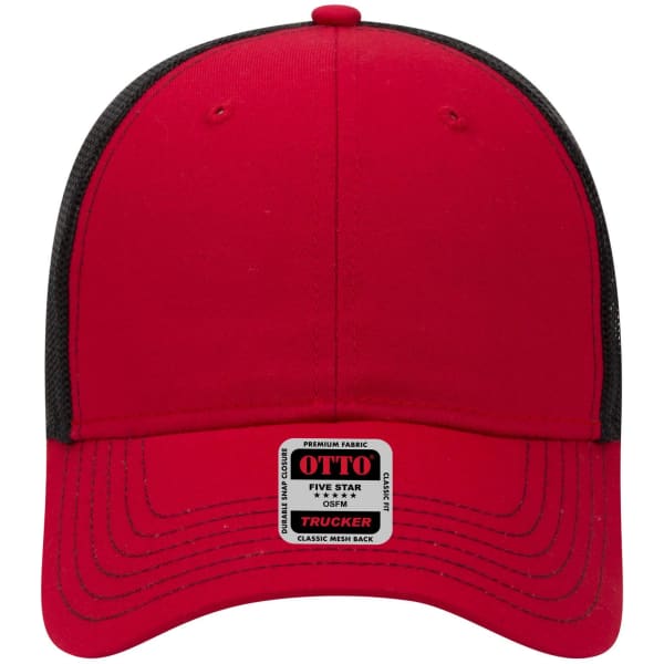 A red 6 panel low profile trucker cap with a black mesh back and a logo label on the front.