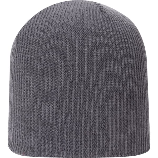 A grey rib knit beanie with a snug fit, featuring a simple design and a branding logo.