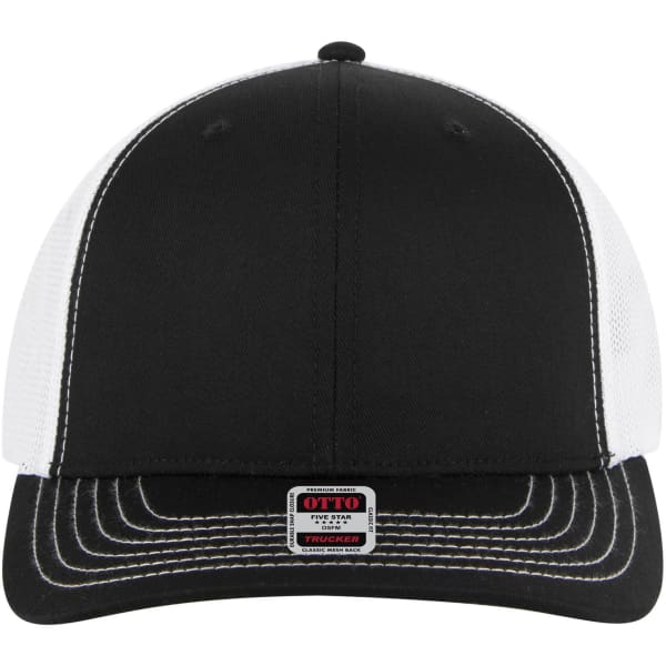 A black and white 6 panel mid profile trucker cap with a stitched brim and a logo on the front.