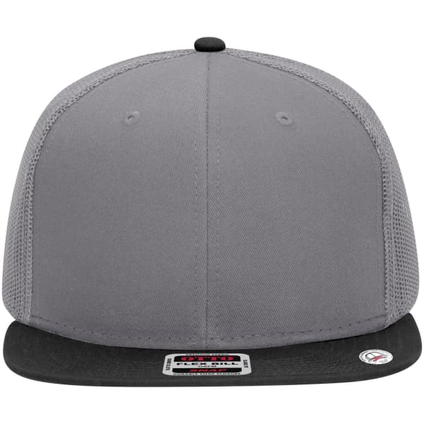 A grey trucker cap with a black brim and a logo on the front. It features a mid-profile design and mesh sides.