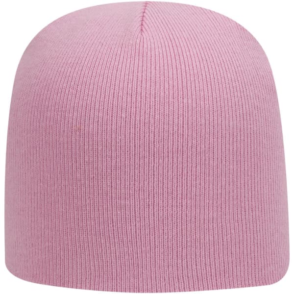 A pink classic knit beanie with a soft texture and a streamlined design. It features a branding logo.