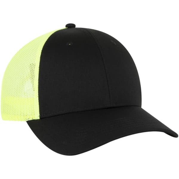 A black and neon yellow 6 panel low profile trucker cap with mesh panels and a curved brim, featuring a logo.