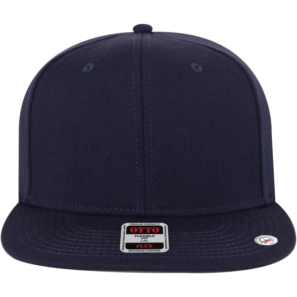 A navy blue 6 panel mid-profile style baseball cap with a logo and a flat brim.