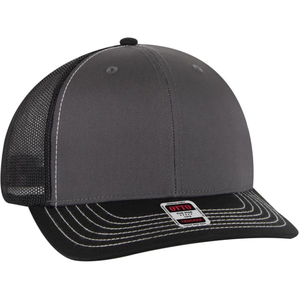 A six-panel mid-profile trucker cap in grey with a black peak and mesh sides, featuring a logo on the front.