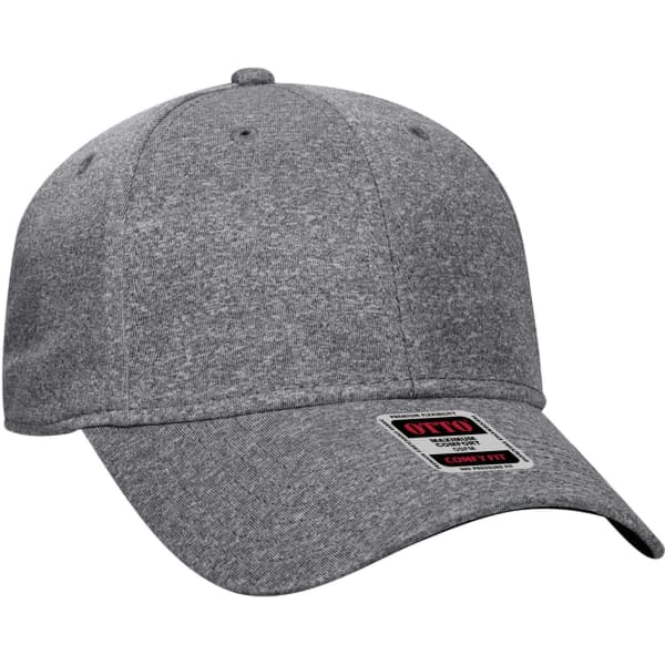 A grey low-profile baseball cap with six panels, featuring a branded tag on the front.
