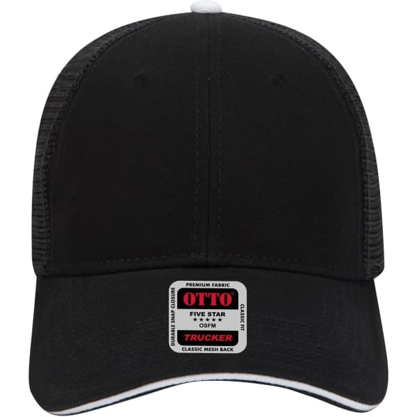 A black six-panel low profile trucker cap with a mesh back and a logo on the front.