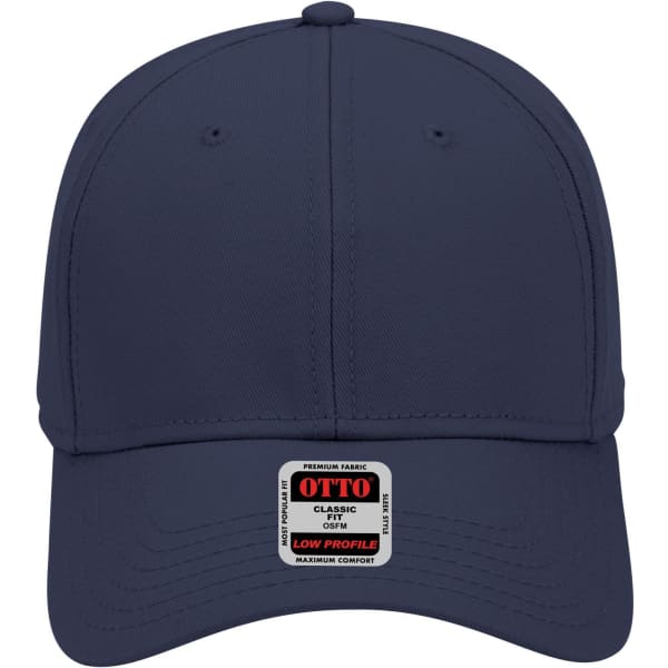 A navy blue low profile baseball cap featuring a logo on the front and a structured crown.