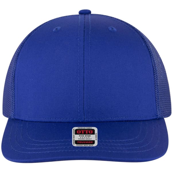 A blue 6 panel mid-profile trucker cap with a mesh back and a small logo on the front.