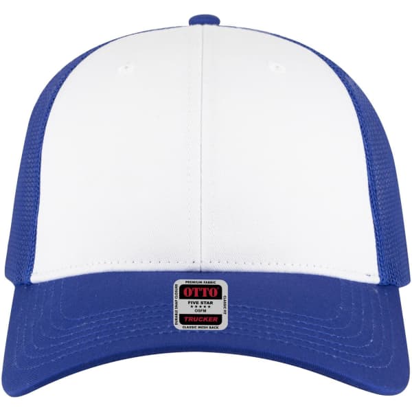 A blue and white 6 panel low profile trucker cap with a branded label on the front.