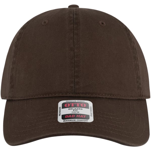 A brown six-panel low-profile dad cap featuring a front curved brim and a branding label on the side.