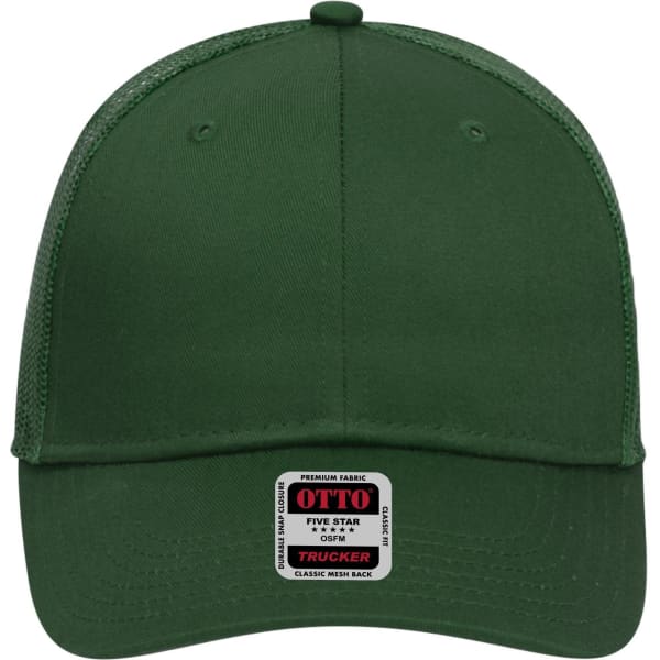 A green 6 panel low profile trucker cap with a mesh back and a branded label on the front.