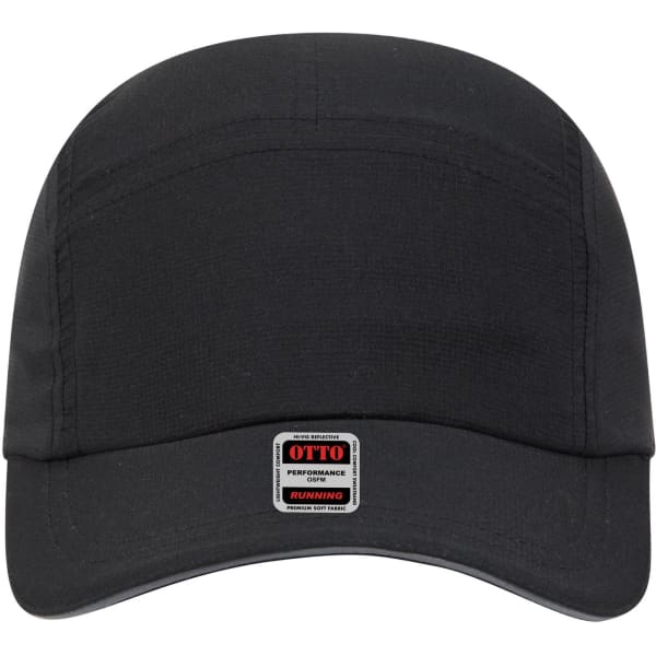 A black reflective five-panel running cap with an adjustable strap and a logo on the front.