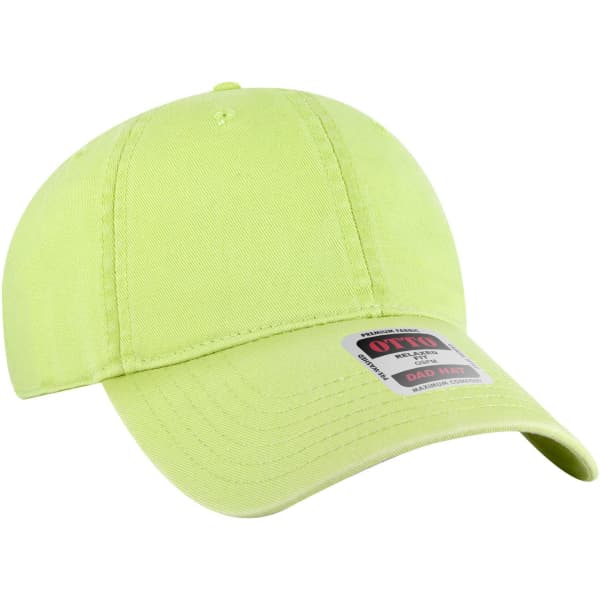 A bright yellow 6 Panel Low Profile Dad Cap featuring a logo and a curved brim.