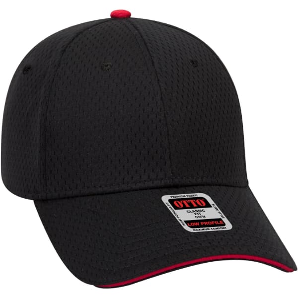 A black low profile baseball cap with red trim, featuring a logo on the front.