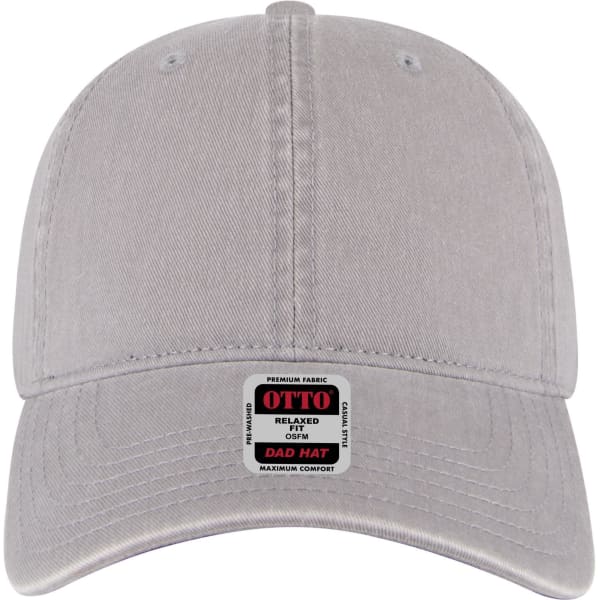 A grey dad cap with a low profile style, featuring a logo on the front label.