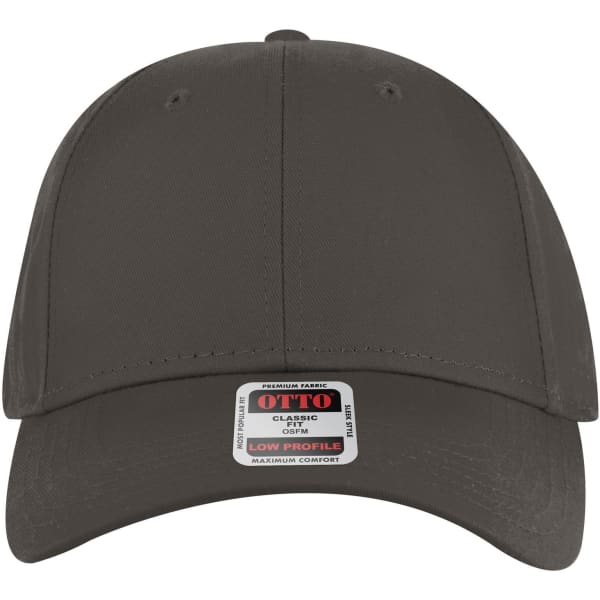 A grey low profile baseball cap with a logo on the front and a label on the brim.