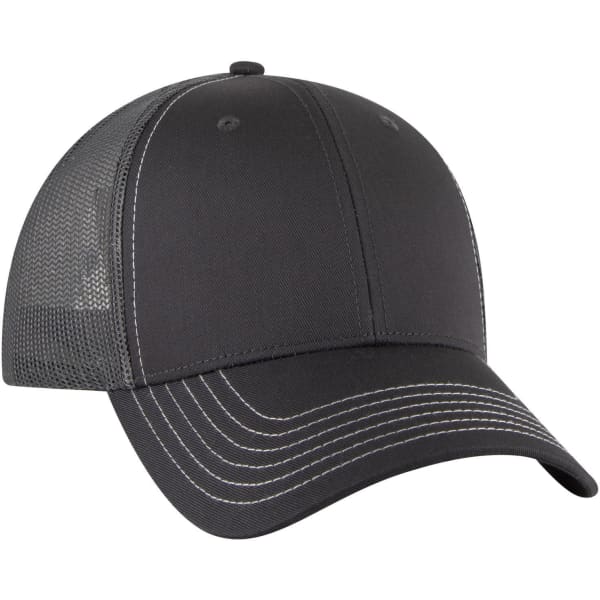 A dark grey 6-panel low profile trucker cap with a mesh back and contrasting stitching. It features a logo.