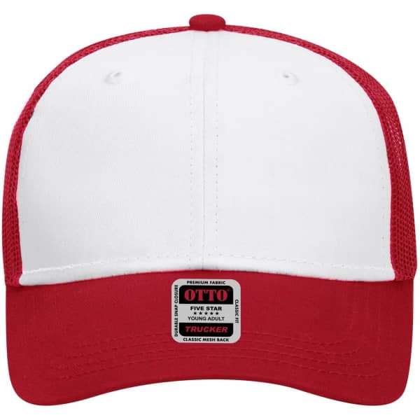 A red and white 6 panel low profile trucker cap featuring mesh sides and a branded label on the front.