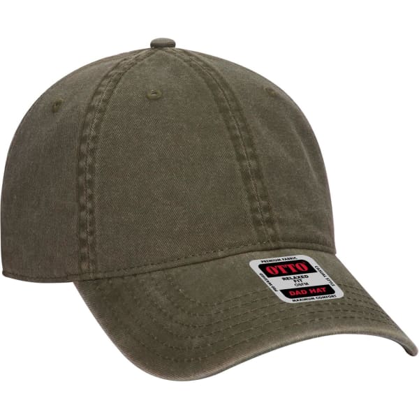 A low profile six-panel dad cap in olive green with a curved brim and a logo on the front.
