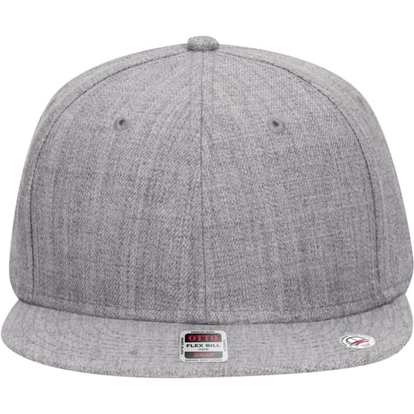 A grey snapback cap with a mid-profile and a grey undervisor, featuring a logo on the front.