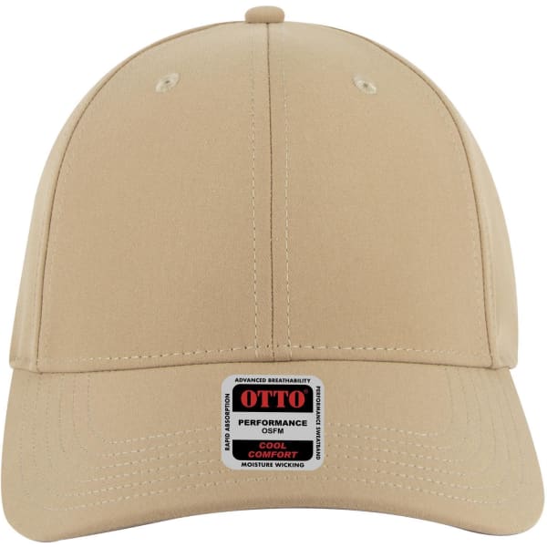 A beige 6-panel low profile baseball cap with a logo and moisture-wicking features.